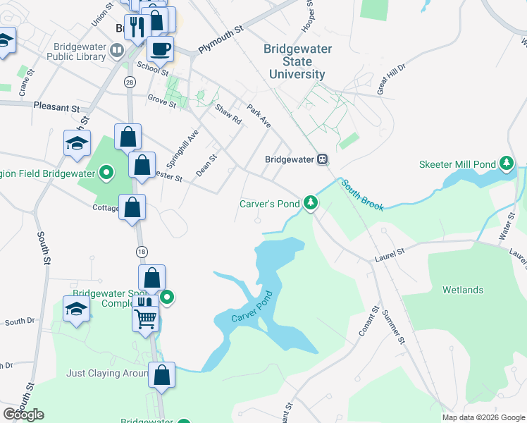 map of restaurants, bars, coffee shops, grocery stores, and more near 50 Carver Drive in Bridgewater
