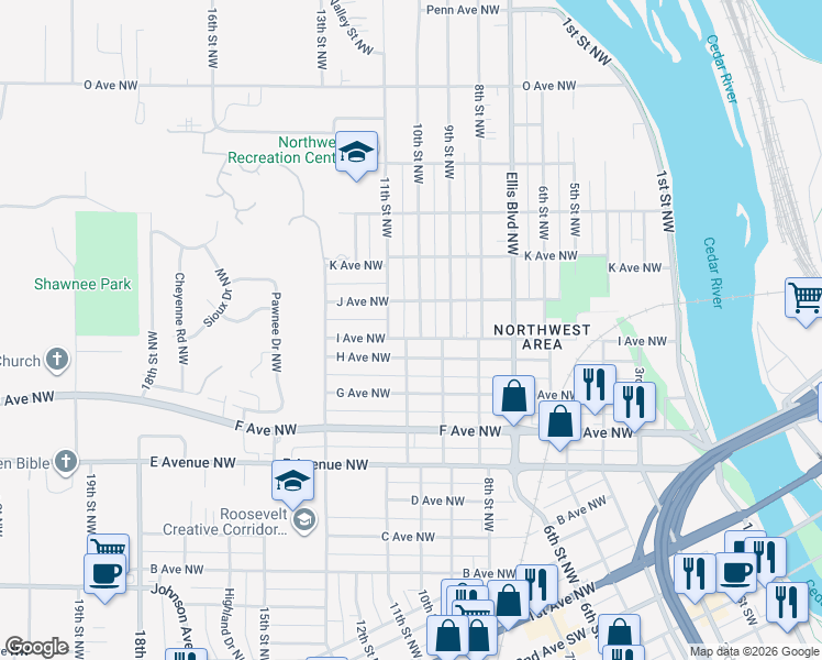map of restaurants, bars, coffee shops, grocery stores, and more near 1006 10th St NW in Cedar Rapids