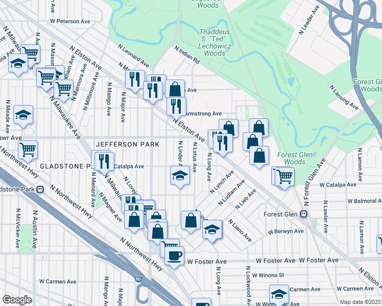 map of restaurants, bars, coffee shops, grocery stores, and more near 5526 North Lotus Avenue in Chicago