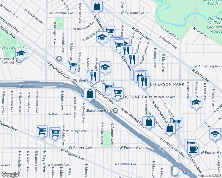 map of restaurants, bars, coffee shops, grocery stores, and more near 5528 North Austin Avenue in Chicago