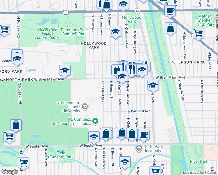 map of restaurants, bars, coffee shops, grocery stores, and more near 5524 North Bernard Street in Chicago