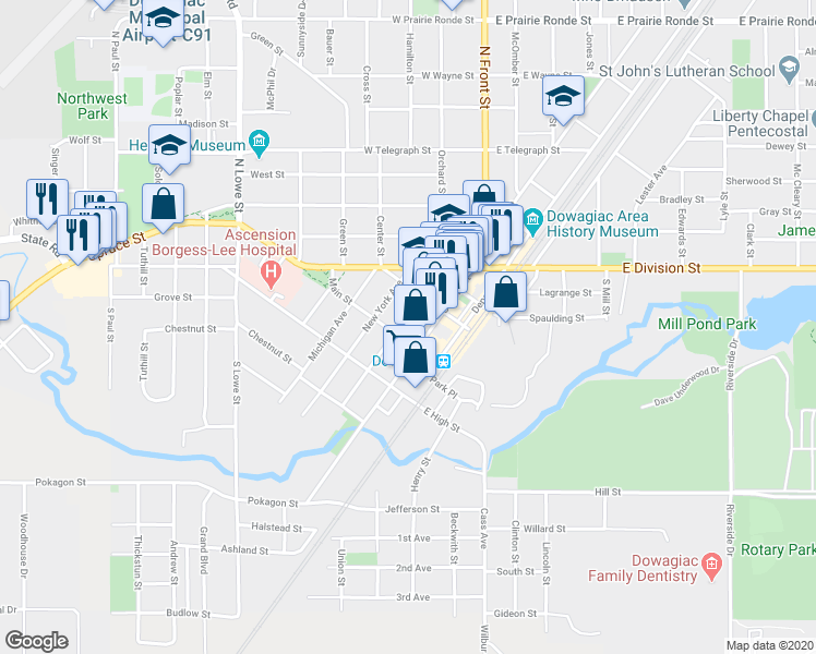 map of restaurants, bars, coffee shops, grocery stores, and more near 213 Pennsylvania Avenue in Dowagiac