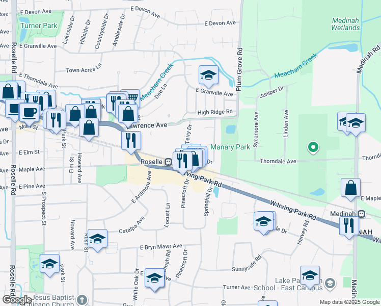 map of restaurants, bars, coffee shops, grocery stores, and more near 616 Rosner Drive in Roselle