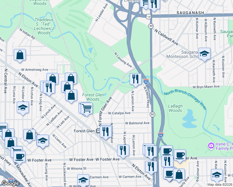 map of restaurants, bars, coffee shops, grocery stores, and more near 5525 North Forest Glen Avenue in Chicago