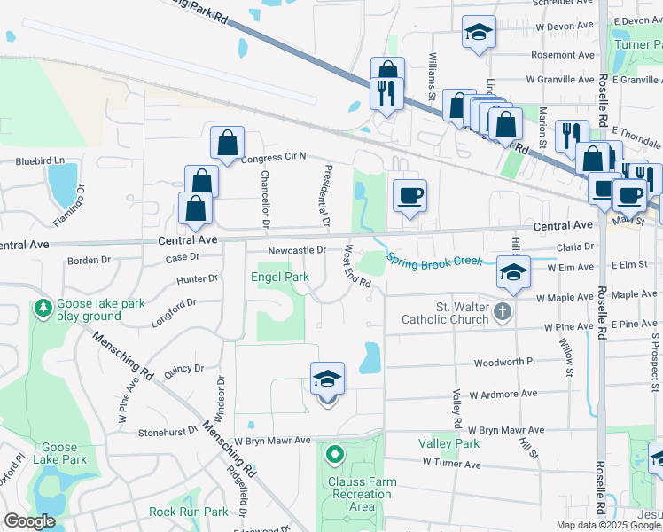 map of restaurants, bars, coffee shops, grocery stores, and more near 55 Wildwood Drive in Roselle