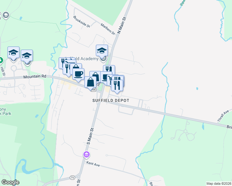 map of restaurants, bars, coffee shops, grocery stores, and more near 68 Bridge Street in Suffield