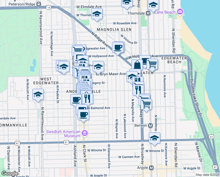 map of restaurants, bars, coffee shops, grocery stores, and more near 5507 North Glenwood Avenue in Chicago