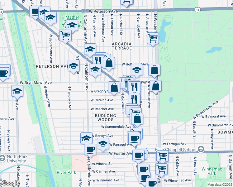 map of restaurants, bars, coffee shops, grocery stores, and more near in Chicago