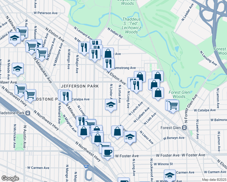 map of restaurants, bars, coffee shops, grocery stores, and more near 5526 North Lotus Avenue in Chicago
