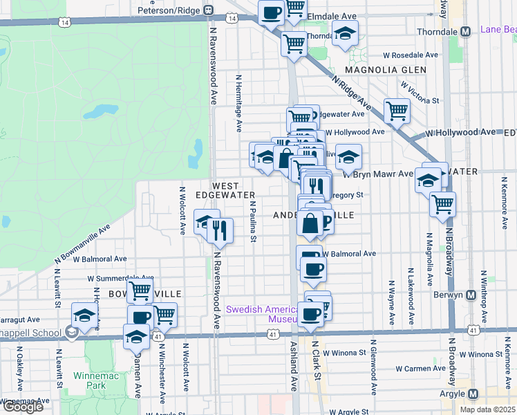 map of restaurants, bars, coffee shops, grocery stores, and more near 5511 North Paulina Street in Chicago
