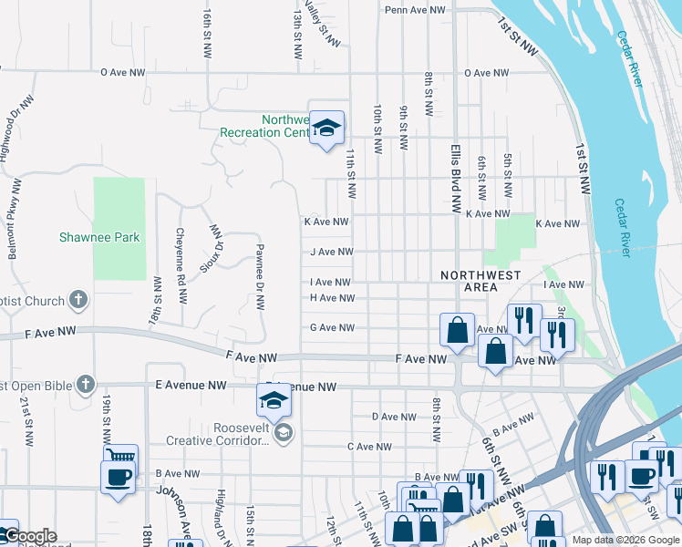 map of restaurants, bars, coffee shops, grocery stores, and more near 1110 I Avenue Northwest in Cedar Rapids