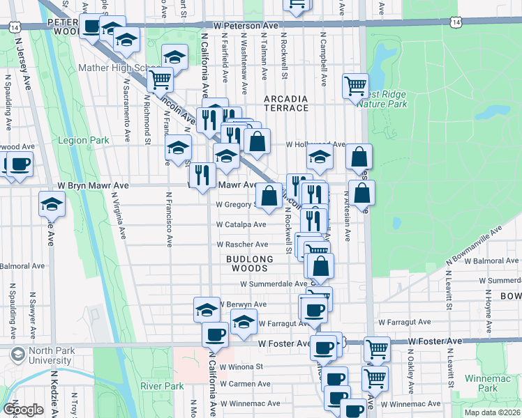 map of restaurants, bars, coffee shops, grocery stores, and more near 2641 West Gregory Street in Chicago