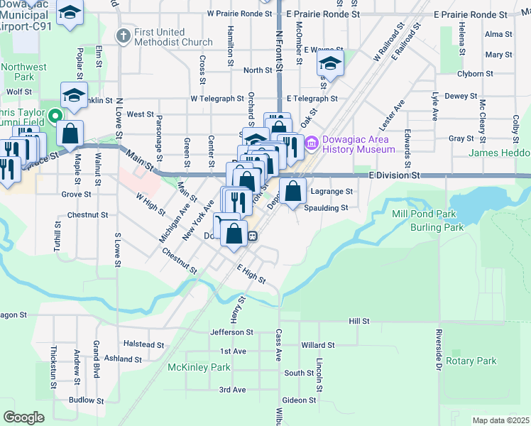map of restaurants, bars, coffee shops, grocery stores, and more near Depot Drive in Dowagiac