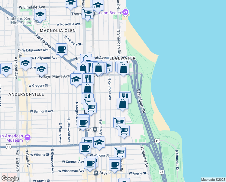 map of restaurants, bars, coffee shops, grocery stores, and more near 1022 West Catalpa Avenue in Chicago