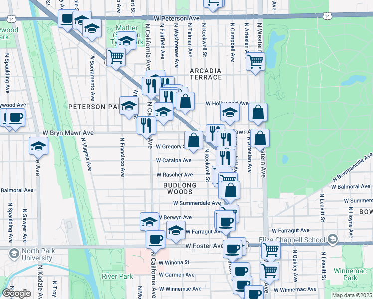 map of restaurants, bars, coffee shops, grocery stores, and more near 2645 West Gregory Street in Chicago
