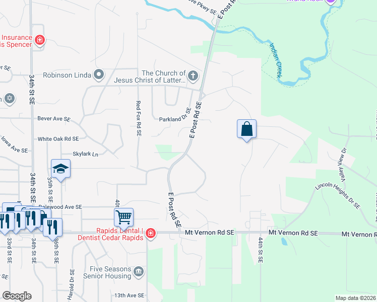 map of restaurants, bars, coffee shops, grocery stores, and more near 394 East Post Road Southeast in Cedar Rapids