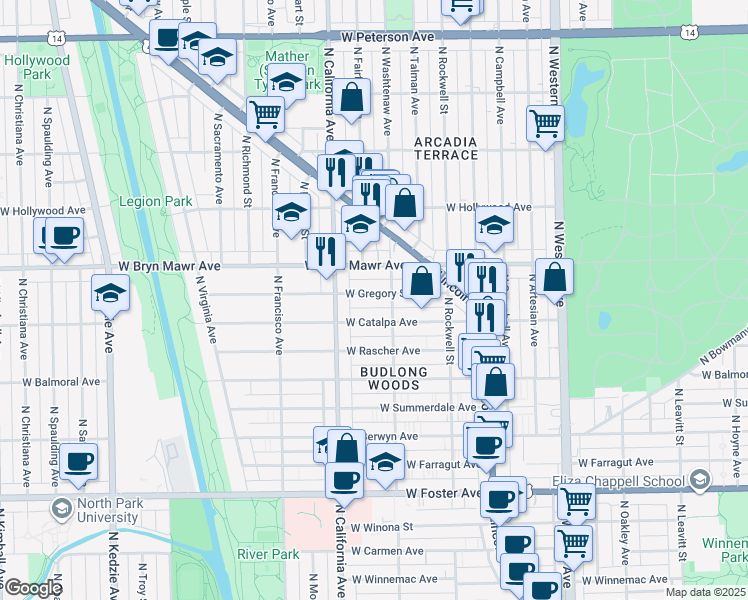 map of restaurants, bars, coffee shops, grocery stores, and more near 2717 West Gregory Street in Chicago