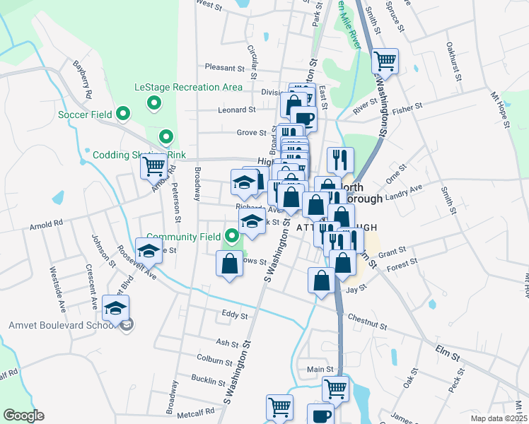 map of restaurants, bars, coffee shops, grocery stores, and more near 24 Richards Avenue in North Attleborough