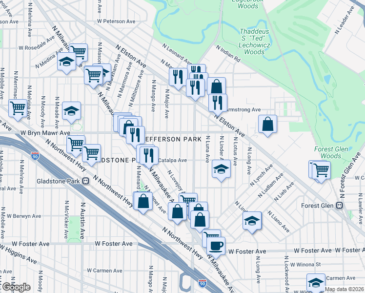 map of restaurants, bars, coffee shops, grocery stores, and more near 5529 North Parkside Avenue in Chicago