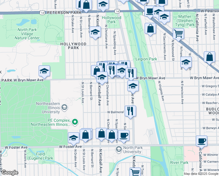map of restaurants, bars, coffee shops, grocery stores, and more near 5527 North Christiana Avenue in Chicago
