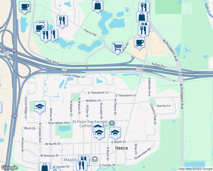map of restaurants, bars, coffee shops, grocery stores, and more near 384 East Haver Hill Court in Itasca