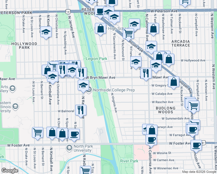 map of restaurants, bars, coffee shops, grocery stores, and more near 5524 North Virginia Avenue in Chicago