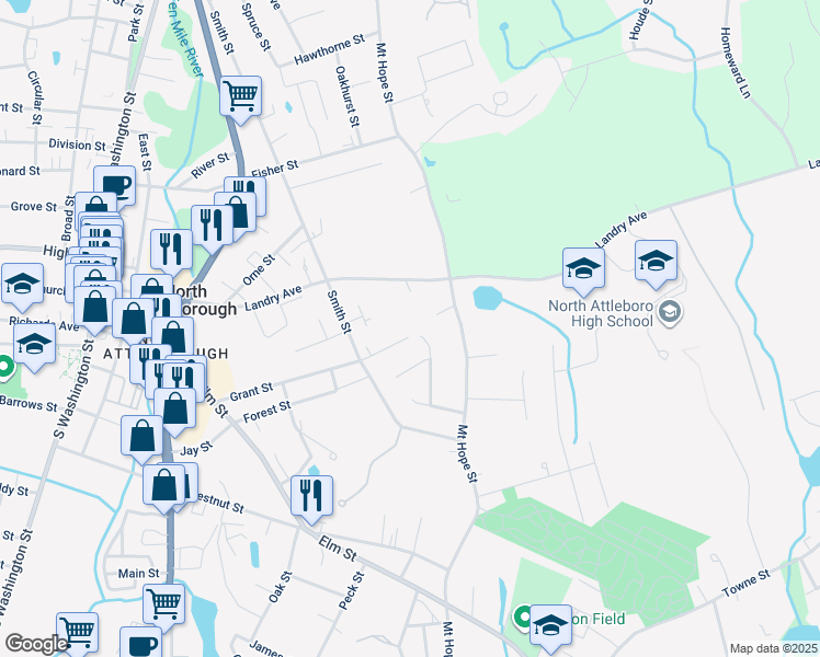 map of restaurants, bars, coffee shops, grocery stores, and more near 182 Grant Street in North Attleborough