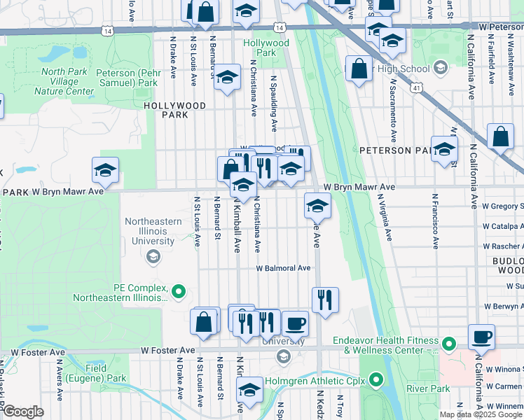 map of restaurants, bars, coffee shops, grocery stores, and more near 5527 North Christiana Avenue in Chicago