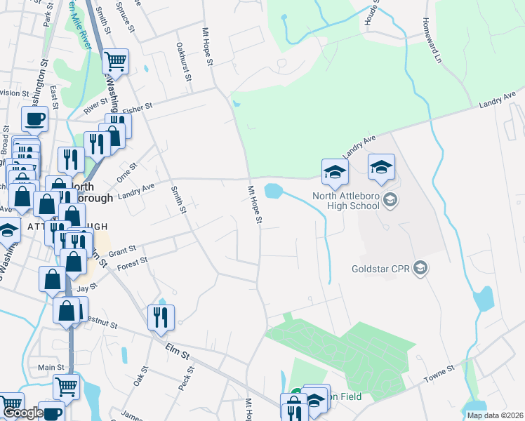map of restaurants, bars, coffee shops, grocery stores, and more near 707 Mount Hope Street in North Attleborough
