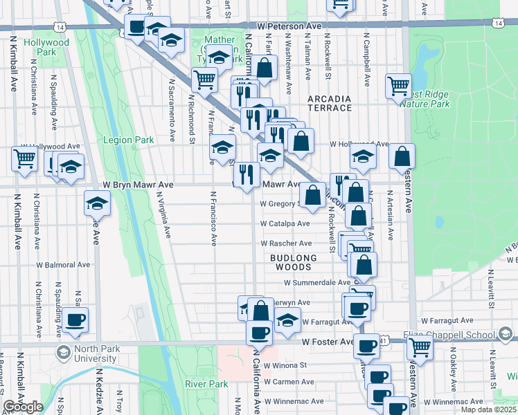 map of restaurants, bars, coffee shops, grocery stores, and more near 2755 West Gregory Street in Chicago