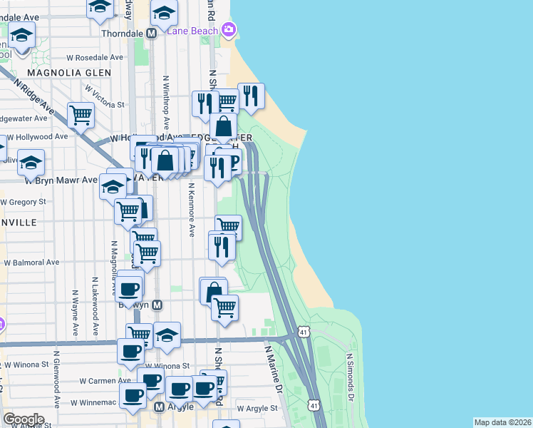 map of restaurants, bars, coffee shops, grocery stores, and more near Lakefront Trail in Chicago