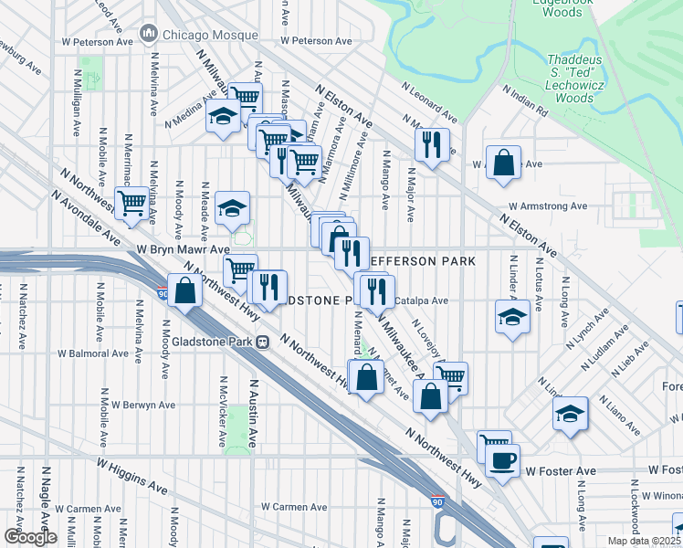 map of restaurants, bars, coffee shops, grocery stores, and more near 5522 North Milwaukee Avenue in Chicago