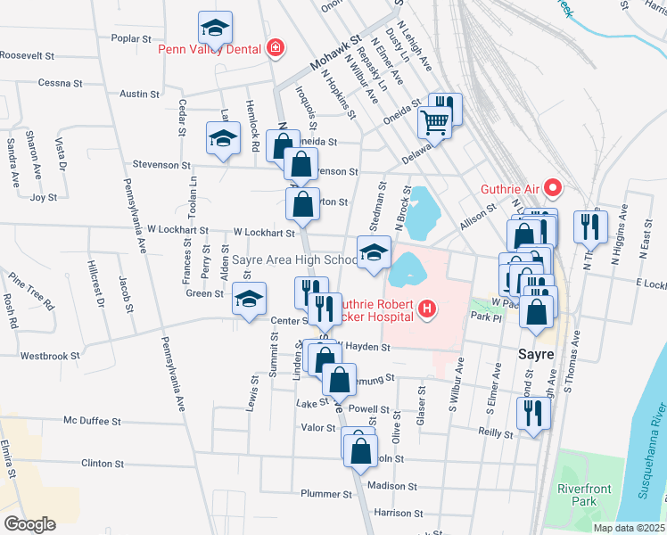 map of restaurants, bars, coffee shops, grocery stores, and more near 116 South Hopkins Street in Sayre