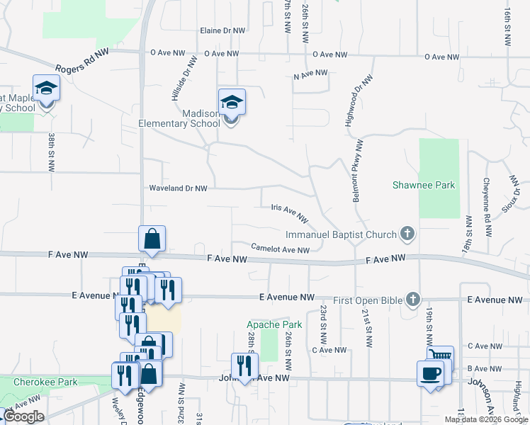 map of restaurants, bars, coffee shops, grocery stores, and more near 2711 Iris Avenue Northwest in Cedar Rapids