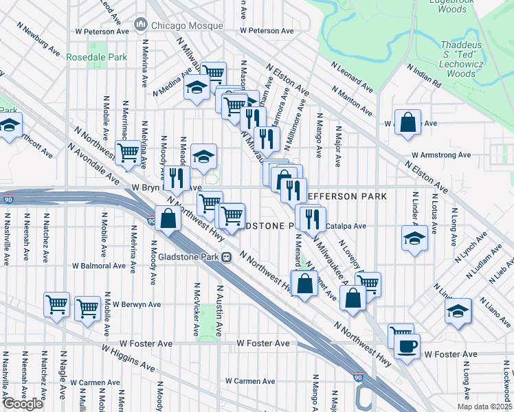 map of restaurants, bars, coffee shops, grocery stores, and more near 5531 North Marmora Avenue in Chicago