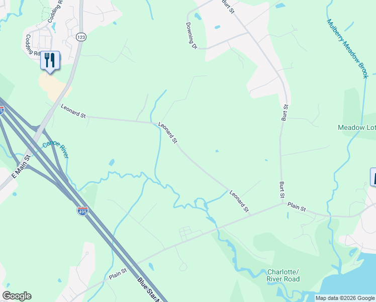 map of restaurants, bars, coffee shops, grocery stores, and more near 68 Leonard Street in Norton