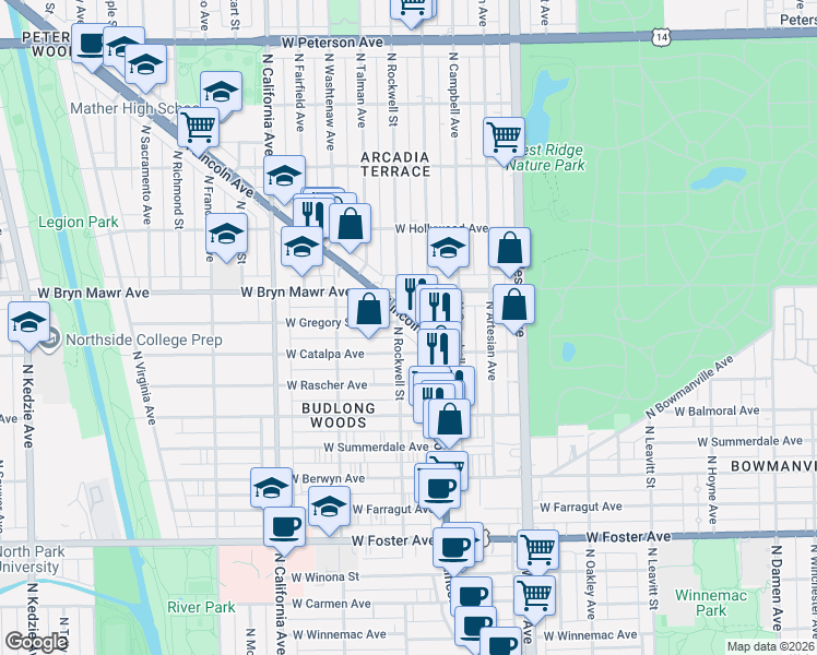 map of restaurants, bars, coffee shops, grocery stores, and more near 5540 North Lincoln Avenue in Chicago