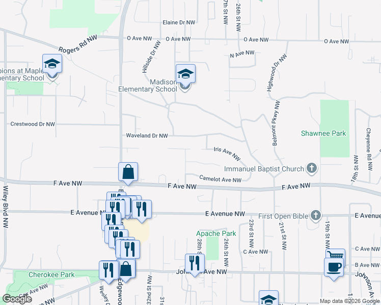 map of restaurants, bars, coffee shops, grocery stores, and more near 2829 Iris Avenue Northwest in Cedar Rapids