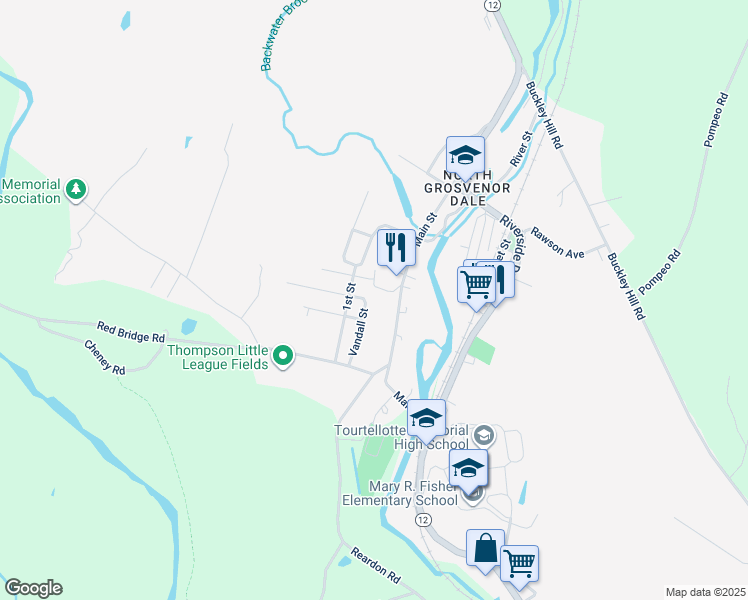 map of restaurants, bars, coffee shops, grocery stores, and more near 29 Vandall Street in Thompson