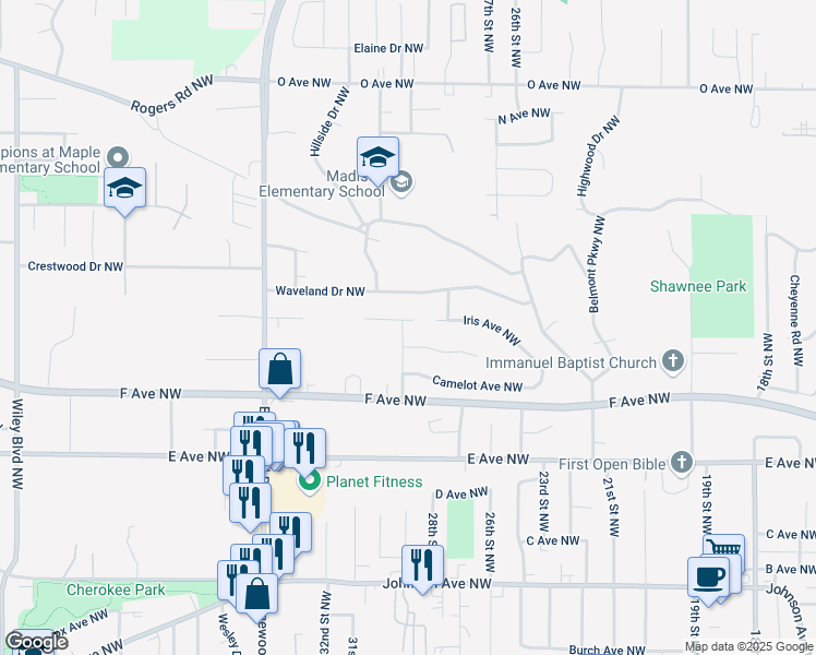 map of restaurants, bars, coffee shops, grocery stores, and more near 2833 Iris Avenue Northwest in Cedar Rapids