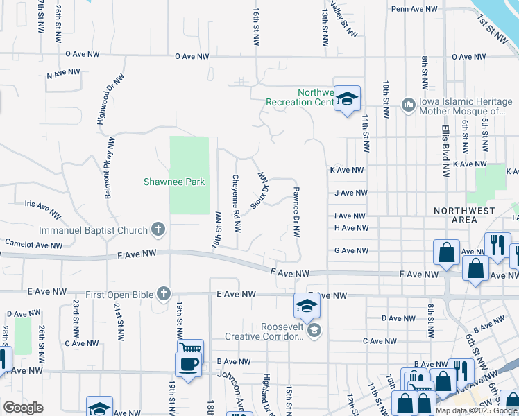 map of restaurants, bars, coffee shops, grocery stores, and more near 1013 Sioux Drive Northwest in Cedar Rapids