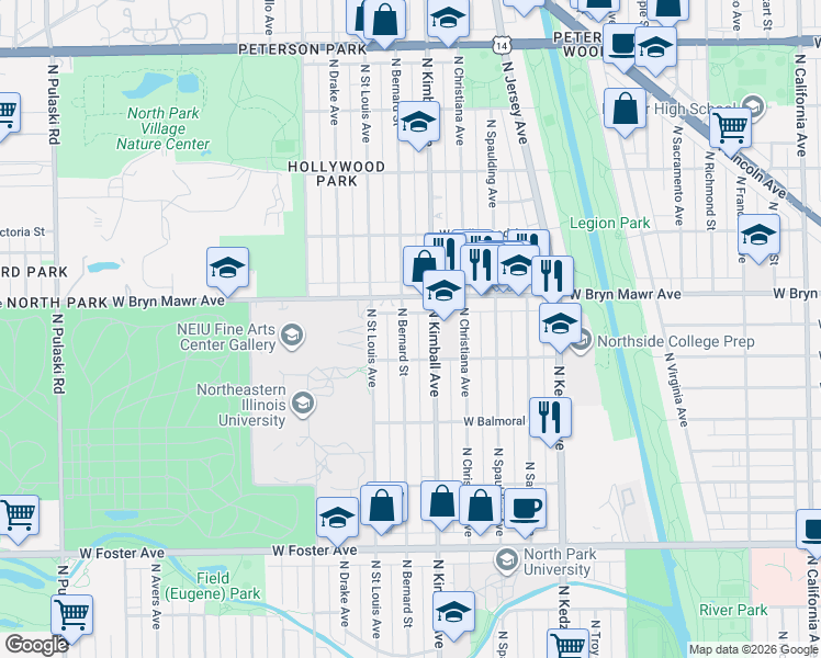 map of restaurants, bars, coffee shops, grocery stores, and more near 5529 North Bernard Street in Chicago