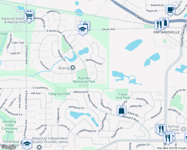 map of restaurants, bars, coffee shops, grocery stores, and more near 1007 Sandpiper Court in Bartlett