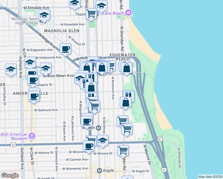 map of restaurants, bars, coffee shops, grocery stores, and more near 1050 West Catalpa Avenue in Chicago