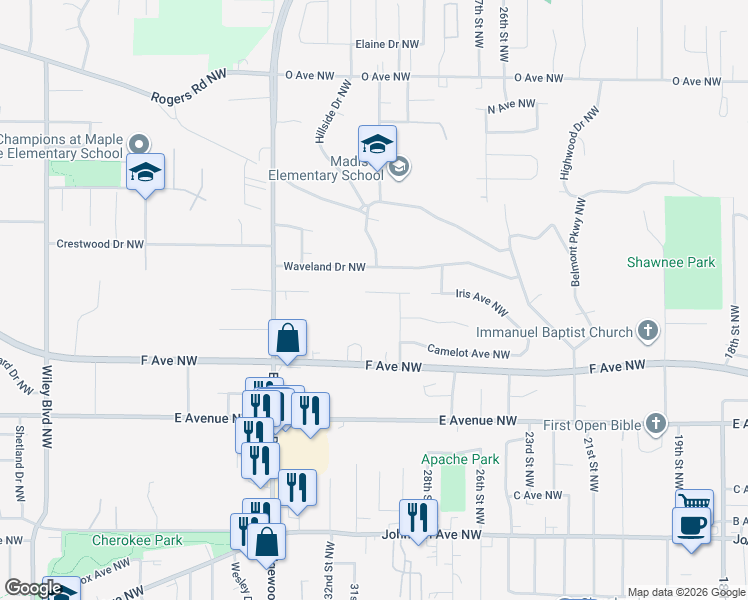 map of restaurants, bars, coffee shops, grocery stores, and more near 2917 Iris Avenue Northwest in Cedar Rapids