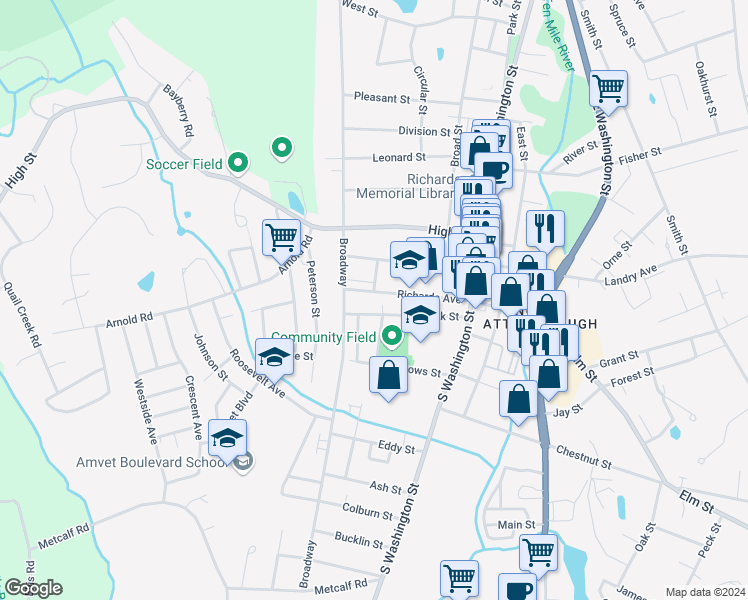 map of restaurants, bars, coffee shops, grocery stores, and more near 90 Richards Avenue in North Attleborough