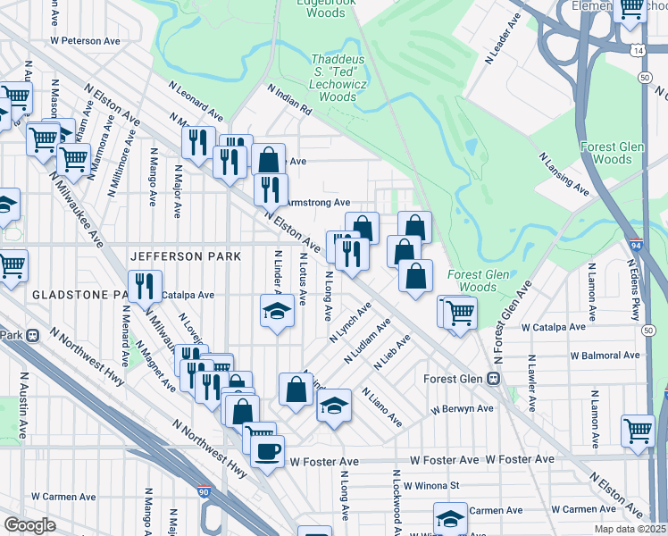 map of restaurants, bars, coffee shops, grocery stores, and more near 5550 North Long Avenue in Chicago