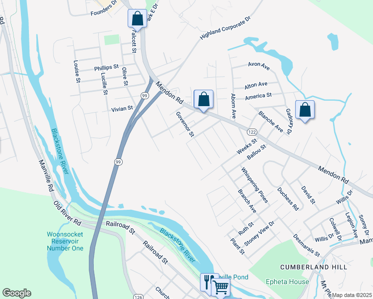 map of restaurants, bars, coffee shops, grocery stores, and more near 1 Poisson Street in Cumberland