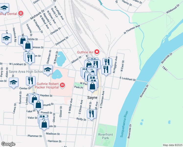map of restaurants, bars, coffee shops, grocery stores, and more near 113 West Lockhart Street in Sayre