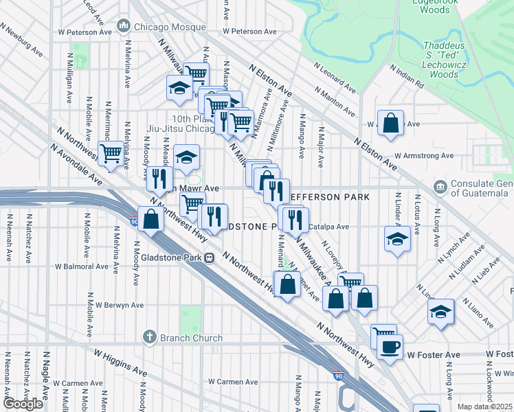 map of restaurants, bars, coffee shops, grocery stores, and more near 5537 North Monitor Avenue in Chicago